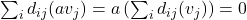 \sum_id_{ij}(av_{j})=a\left(\sum_id_{ij}(v_{j})\right)= 0