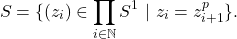 \[S = \{ (z_i) \in \prod_{i\in \mathbb{N}} S^1 ~| ~ z_i = z_{i+1}^p \}.\]