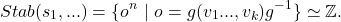 \[Stab(s_1, ...) = \{o^n~|~ o = g(v_1...,v_k)g^{-1} \} \simeq \Z.\]