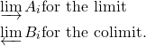 Rendered by QuickLaTeX.com \begin{align*} \varinjlim A_i & \text{for the limit}\\ \varprojlim B_i & \text{for the colimit.} \end{align*}