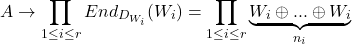 \[A \to \prod_{1\leq i\leq r}End_{D_{W_i}} (W_i) = \prod_{1\leq i\leq r} \underbrace{W_{i}\oplus... \oplus W_i}_{n_i}\]