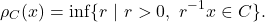 \[\rho_C(x) = \inf\{ r ~ | ~ r> 0, ~ r^{-1}x \in C \}.\]