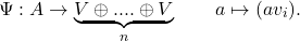 \[\Psi: A\to \underbrace{V\oplus ....\oplus V}_n\qquad a \mapsto (av_i).\]