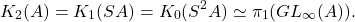 \[K_2(A) = K_1(SA) = K_0(S^2A)  \simeq  \pi_1(GL_\infty(A)).\]