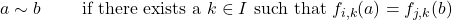 \[a \sim b \qquad \text{ if there exists a } k\in I \text{ such that } f_{i,k}(a) = f_{j, k}(b)\]