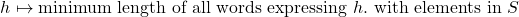 \[h\mapsto \text{minimum length of all words expressing }h. \text{ with elements in }S\]